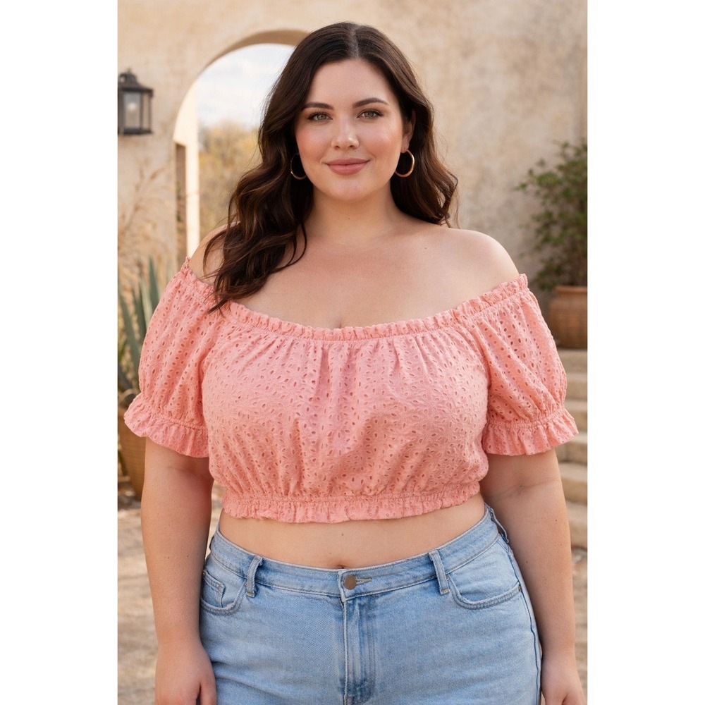 Jolie & Joy Cropped Top Women's Plus 3X Eyelet Baby Doll Puff Sleeve‎ Y2K Cotton